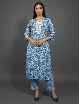 classic women floral printed regular kurta with trousers & with dupatta 5