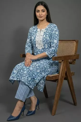 classic women floral printed regular kurta with trousers & with dupatta