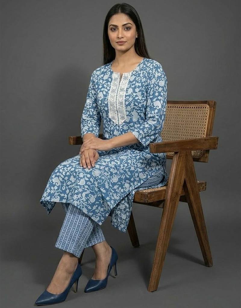 classic women floral printed regular kurta with trousers & with dupatta