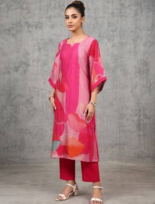 contemporary women printed regular chanderi silk kurta with trousers 1