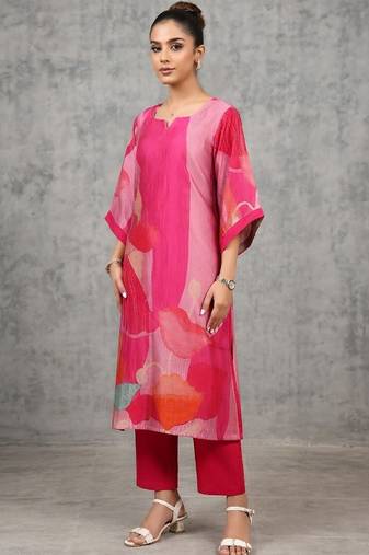 contemporary women printed regular chanderi silk kurta with trousers