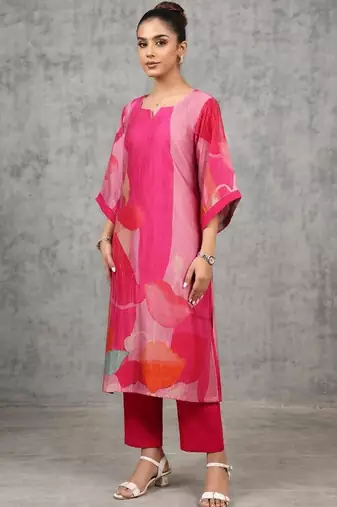 contemporary women printed regular chanderi silk kurta with trousers
