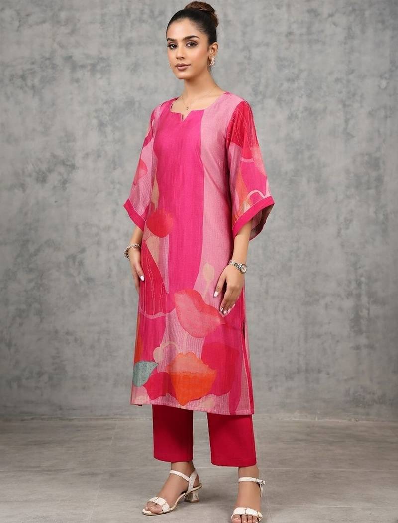 contemporary women printed regular chanderi silk kurta with trousers
