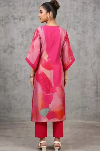 contemporary women printed regular chanderi silk kurta with trousers