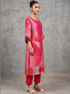 contemporary women printed regular chanderi silk kurta with trousers 3