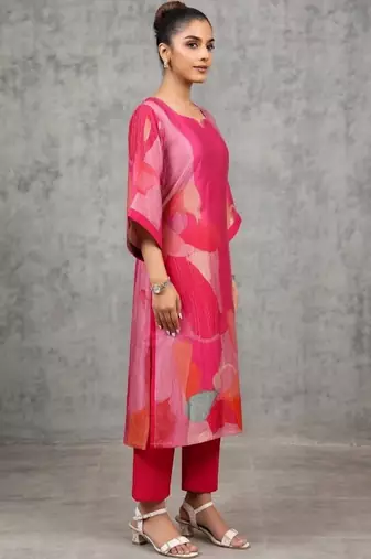 contemporary women printed regular chanderi silk kurta with trousers