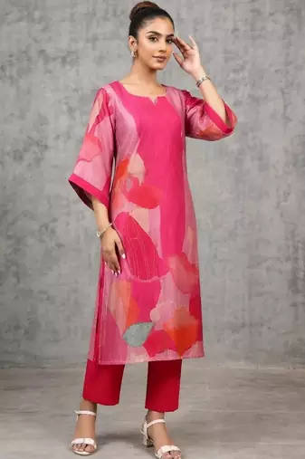 contemporary women printed regular chanderi silk kurta with trousers