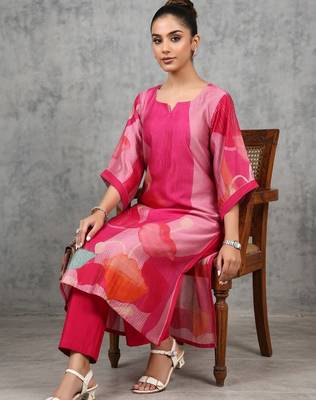 contemporary women printed regular chanderi silk kurta with trousers 5