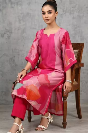 contemporary women printed regular chanderi silk kurta with trousers