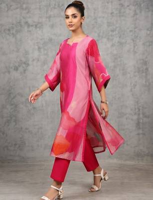 contemporary women printed regular chanderi silk kurta with trousers 6