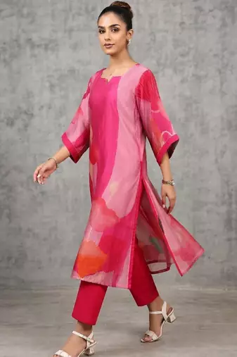contemporary women printed regular chanderi silk kurta with trousers