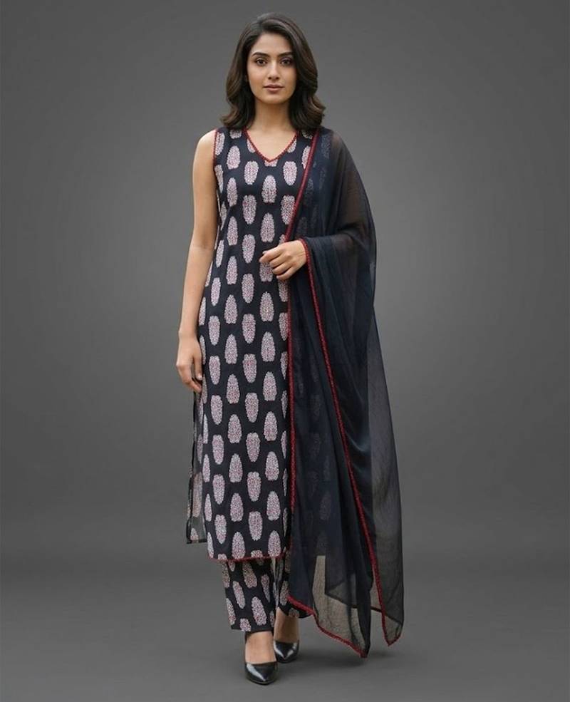 lightweight women printed regular cotton kurta with trousers & with dupatta