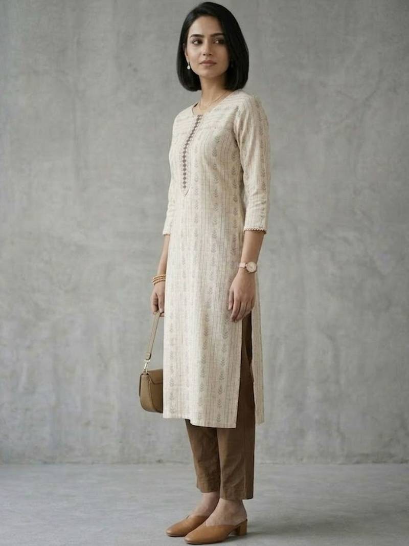office women printed regular thread work kurta with palazzos