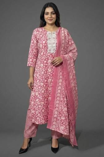 workwear women floral printed regular kurta with trousers & with dupatta