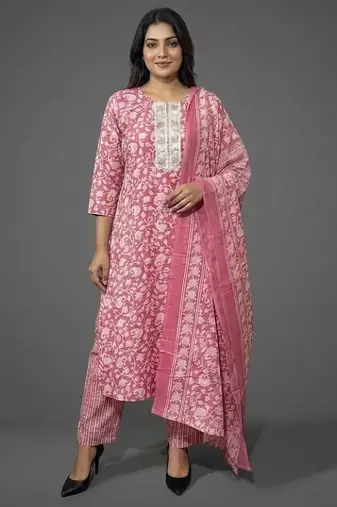 workwear women floral printed regular kurta with trousers & with dupatta
