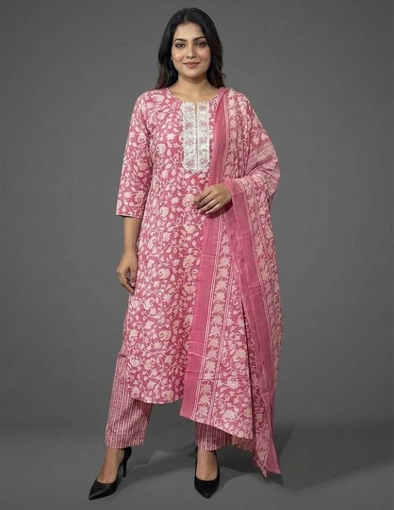 workwear women floral printed regular kurta with trousers & with dupatta