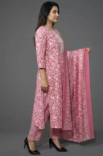 workwear women floral printed regular kurta with trousers & with dupatta