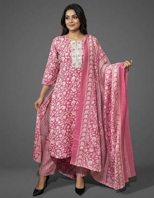 workwear women floral printed regular kurta with trousers & with dupatta 5