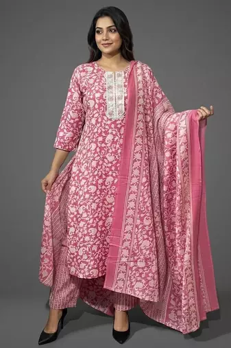 workwear women floral printed regular kurta with trousers & with dupatta
