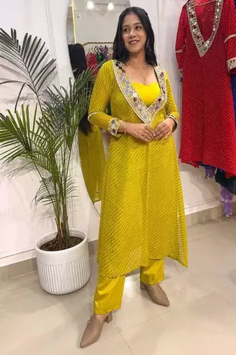 Neon yellow-green lehariya co-ord set