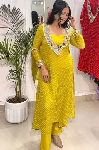 Neon yellow-green lehariya co-ord set