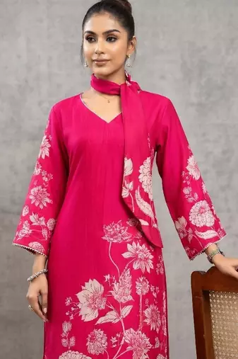 lightweight women floral printed regular gotta patti chanderi silk kurta with trousers