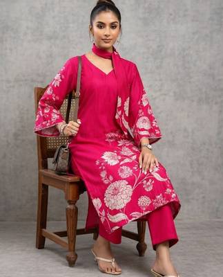 lightweight women floral printed regular gotta patti chanderi silk kurta with trousers 5