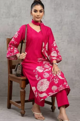 lightweight women floral printed regular gotta patti chanderi silk kurta with trousers
