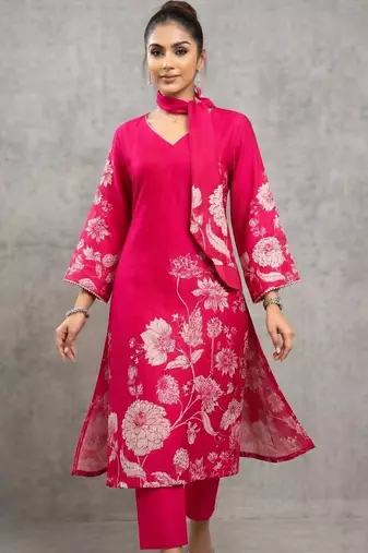 lightweight women floral printed regular gotta patti chanderi silk kurta with trousers