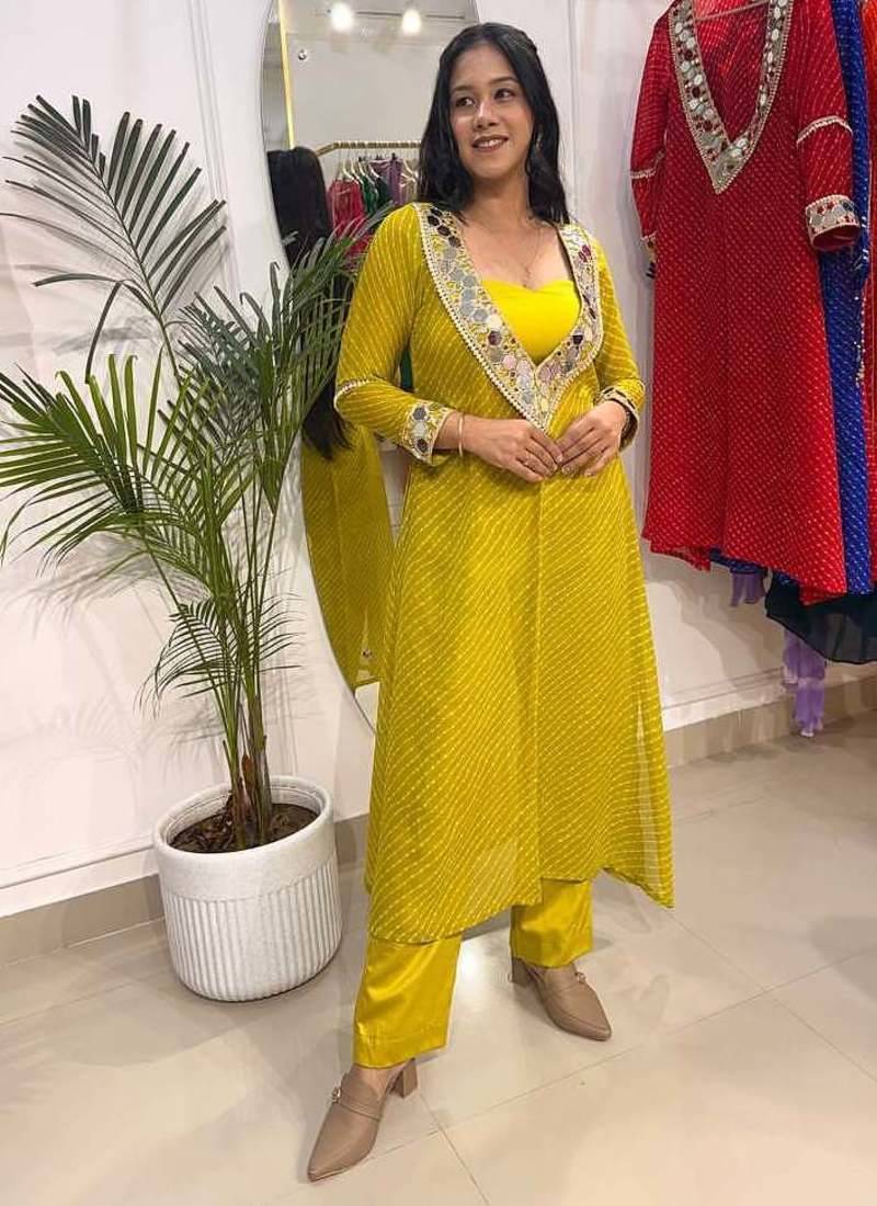 Neon yellow-green lehariya co-ord set