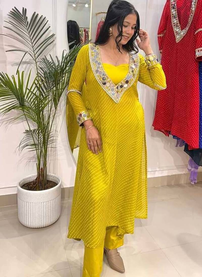 Neon yellow-green lehariya co-ord set