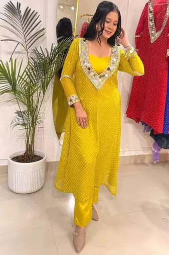 Neon yellow-green lehariya co-ord set
