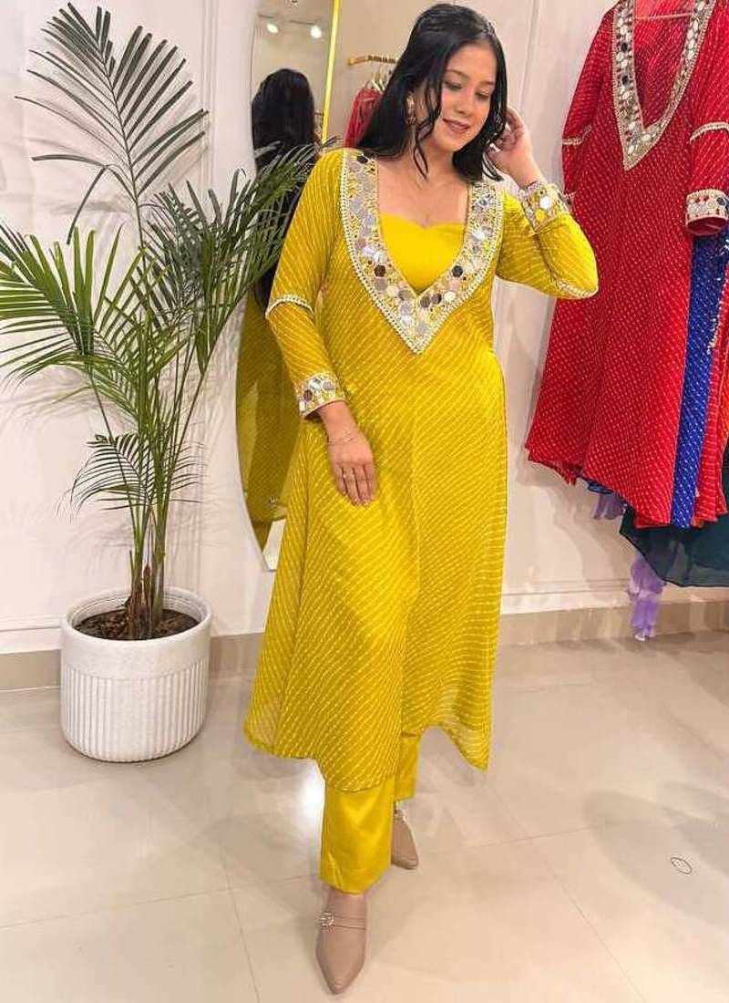 Neon yellow-green lehariya co-ord set