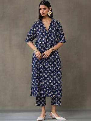 workwear women floral printed regular cotton kurta with trousers 2