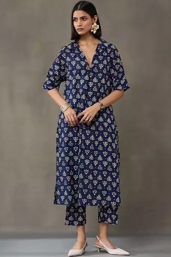 workwear women floral printed regular cotton kurta with trousers