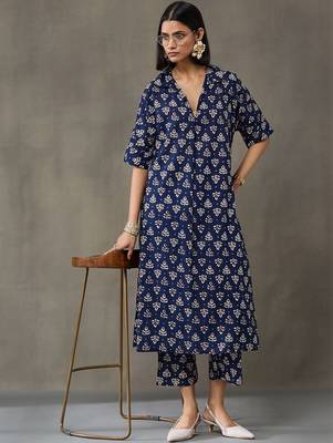 workwear women floral printed regular cotton kurta with trousers 1