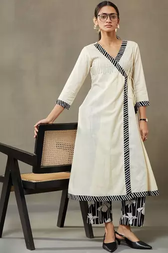 structured women dyed angrakha cotton kurta with palazzos