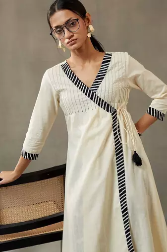 structured women dyed angrakha cotton kurta with palazzos
