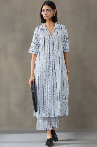 structured women floral printed regular cotton kurta with trousers