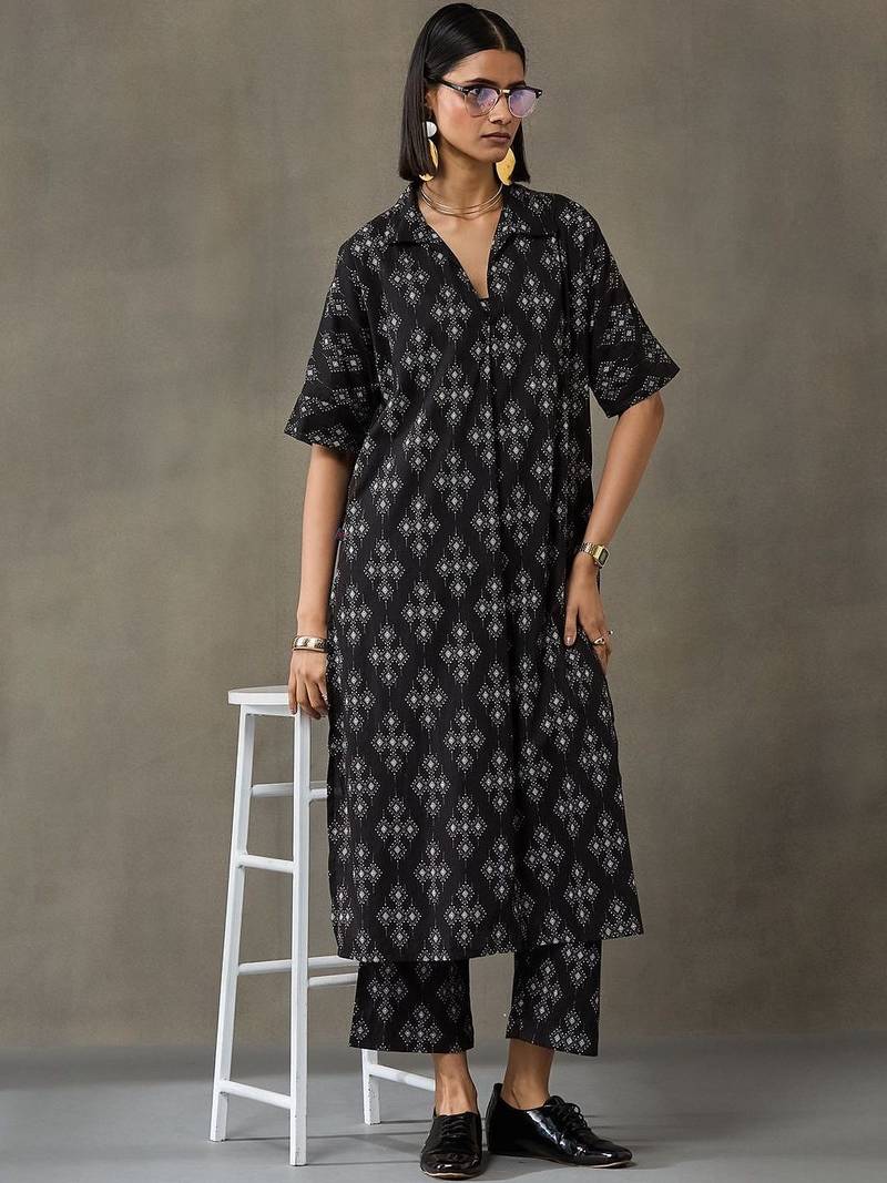 office women floral printed regular cotton kurta with trousers