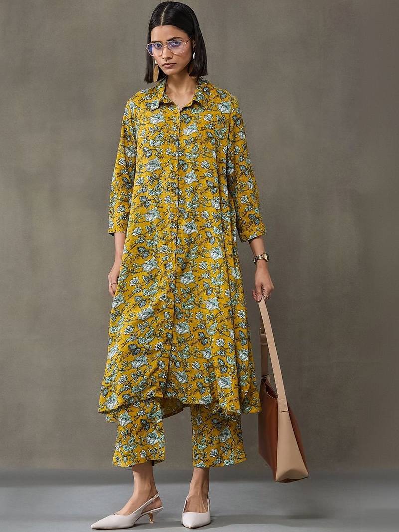 workwear women floral printed regular kurta with trousers