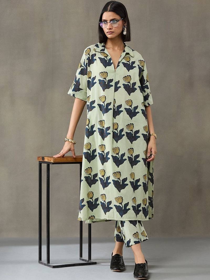lightweight women floral printed regular cotton kurta with trousers