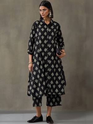everyday workwear women floral printed regular cotton kurta with trousers 1