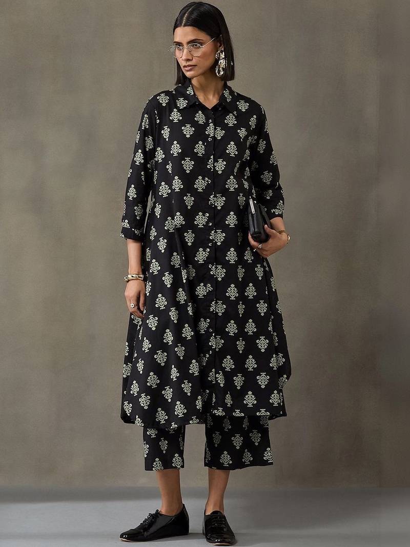 everyday workwear women floral printed regular cotton kurta with trousers
