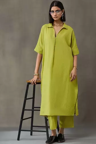 classic women embroidered regular thread work kurta with trousers