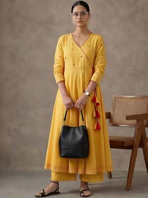 structured women embroidered angrakha mirror work cotton kurta with trousers 1