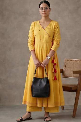structured women embroidered angrakha mirror work cotton kurta with trousers