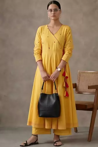 structured women embroidered angrakha mirror work cotton kurta with trousers