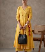 structured women embroidered angrakha mirror work cotton kurta with trousers