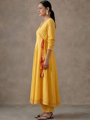 structured women embroidered angrakha mirror work cotton kurta with trousers 3